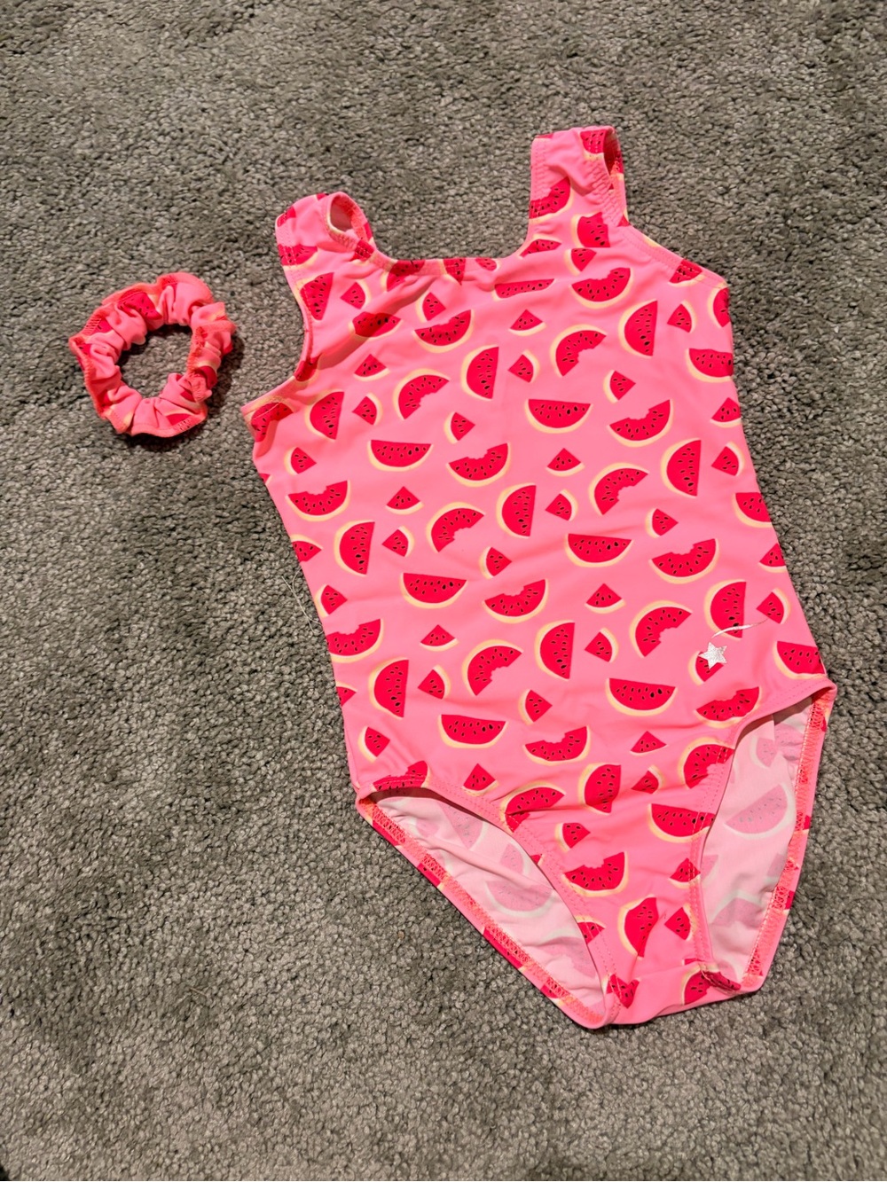 Like New Girls' Pink Watermelon Print Gymnastics Leotard with Matching Scrunchie